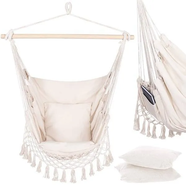 Fotel wiszący z poduszkami 130x100cm hamak brazylijski z frędzlami kremowy