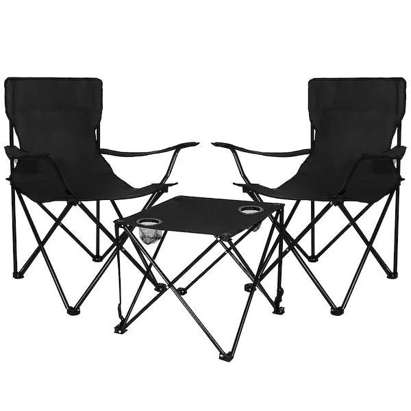 Zestaw kempingowy stolik i 2 krzesła z oparciem, składane meble turystyczne czarny