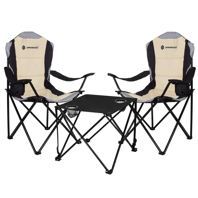 Zestaw kempingowy stolik i 2 krzesła, składane meble turystyczne czarno-beżowy