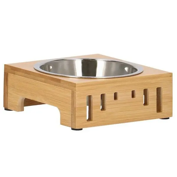 Miska dla psa i kota metalowa z antypoślizgową, bambusową podstawką srebrna