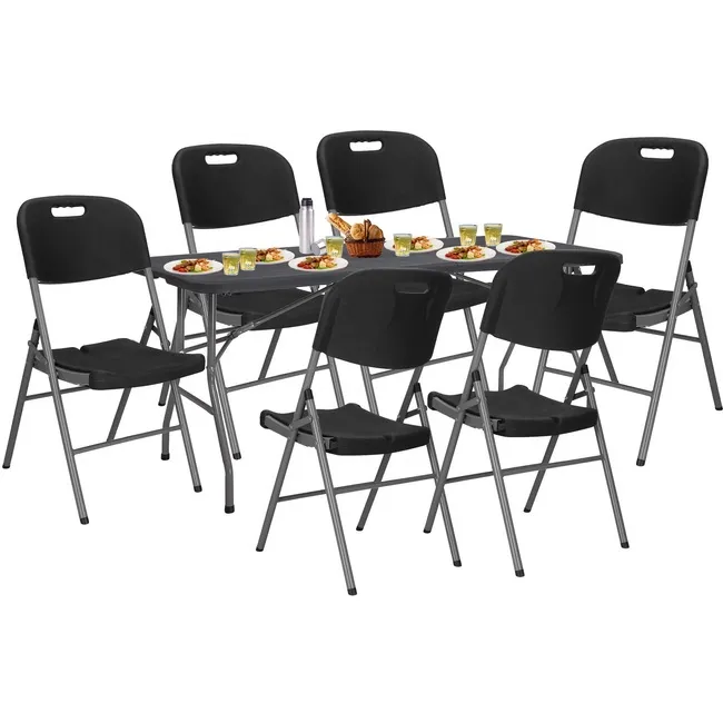 Zestaw cateringowy, turystyczny stół 180 cm z 6 krzesłami składany na bankiet, zestaw czarny