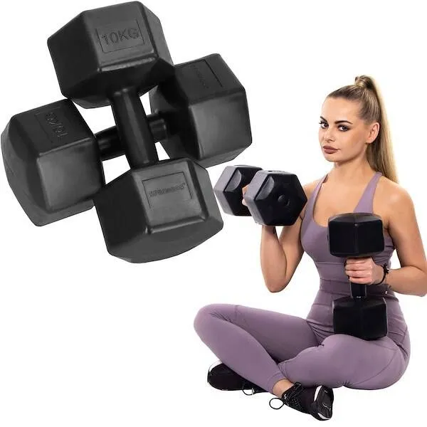 Ciężarki 2x10kg hexagonalne do ćwiczeń fitness hantle zestaw 2 szt. czarne