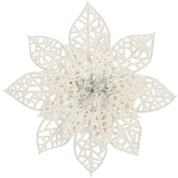 Gwiazda betlejemska, sztuczny kwiat, poinsecja ażurowa, biała z brokatem na klipsie