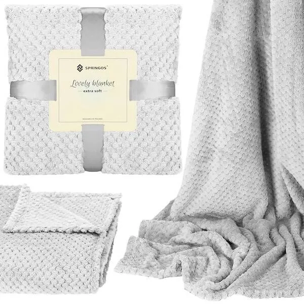 Narzuta na łóżko, pled 150x200 cm tłoczony, dwustronny koc na kanapę jasny popiel