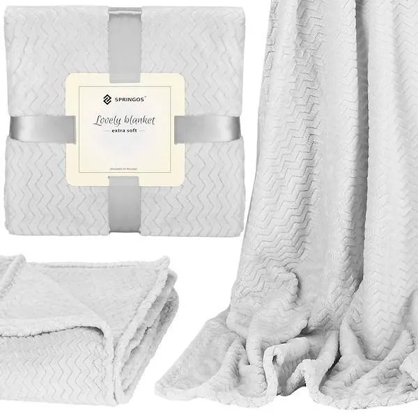 Narzuta na łóżko, pled 200x220 cm tłoczony zygzak, dwustronny koc na kanapę jasny popiel