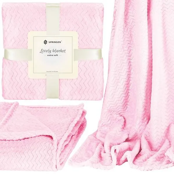 Narzuta na łóżko, pled 160x200 cm tłoczony zygzak, dwustronny koc na kanapę róż