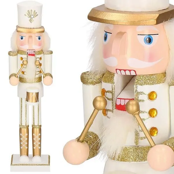 Dziadek do orzechów 38 cm z bębenkiem, drewniany żołnierzyk złoty, figurka świąteczna