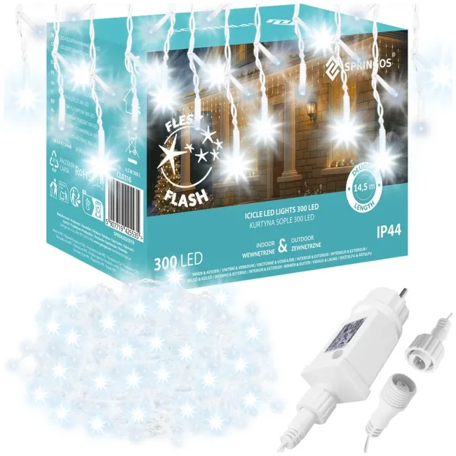 Kurtyna świetlna 14,5 m girlanda, lampki wewnętrzno-zewnętrzne 300 led sople zimny biały z flash