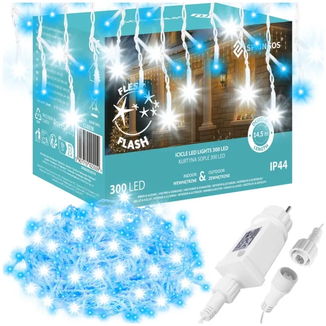 Kurtyna świetlna 300 led girlanda, lampki wewnętrzno-zewnętrzne 14,5 m sople niebieski z zimnym białym flash