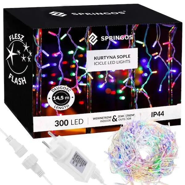 Kurtyna świetlna 300 led girlanda, lampki wewnętrzno-zewnętrzne sople multikolor z zimnym białym flash
