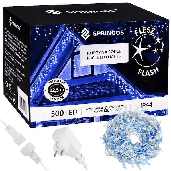 Kurtyna świetlna 500 led girlanda, lampki wewnętrzno-zewnętrzne sople niebieski z zimnym białym flash