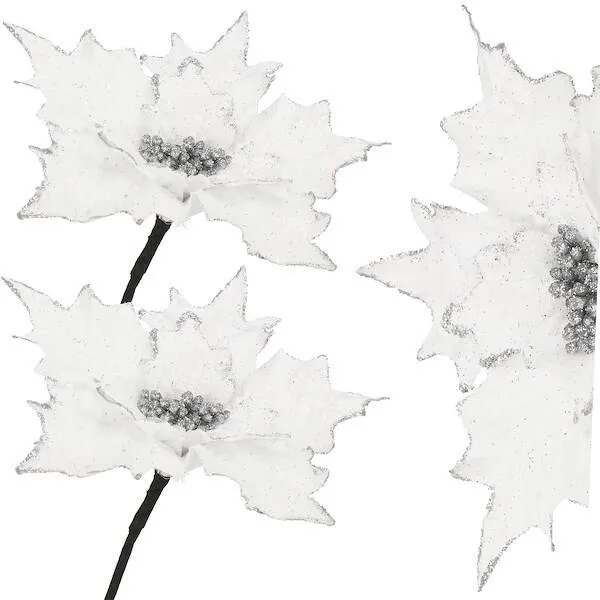 Gwiazda betlejemska 2 szt. sztuczny kwiat, poinsecja biała z brokatem