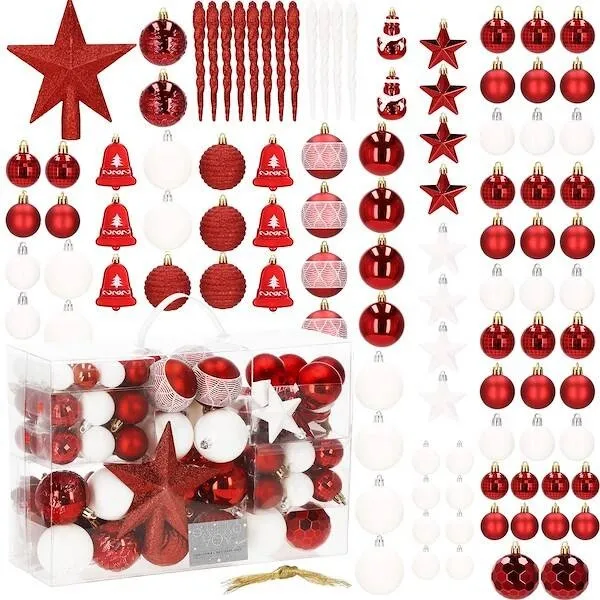 Bombki choinkowe 105 szt. ozdoby świąteczne zestaw biały, czerwony