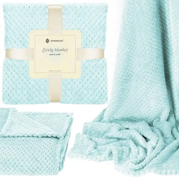 Narzuta na łóżko, pled 200x220 cm dwustronny koc na kanapę miętowy