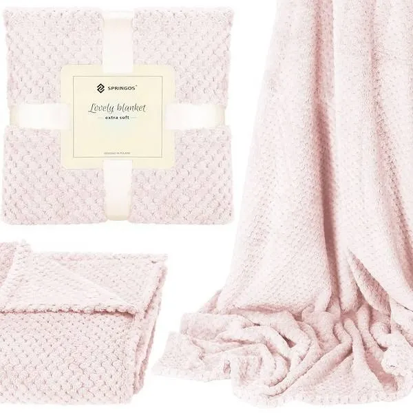 Narzuta na łóżko, pled 200x220cm tłoczony, dwustronny koc na kanapę różowy