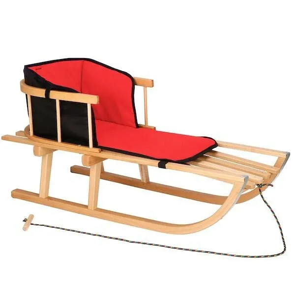 Sanki drewniane dla dzieci z oparciem, materacyk czarno-czerwony