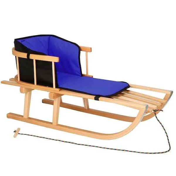 Sanki drewniane dla dzieci z oparciem, materacyk czarno-niebieski