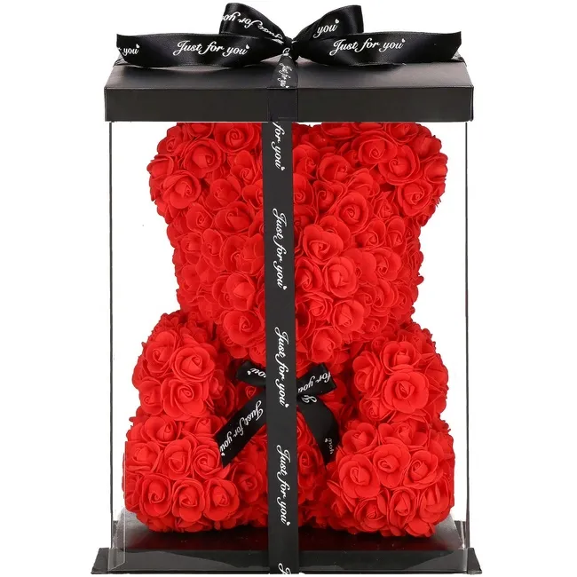 Miś z płatków róż czerwony 40 cm rose bear z kokardką