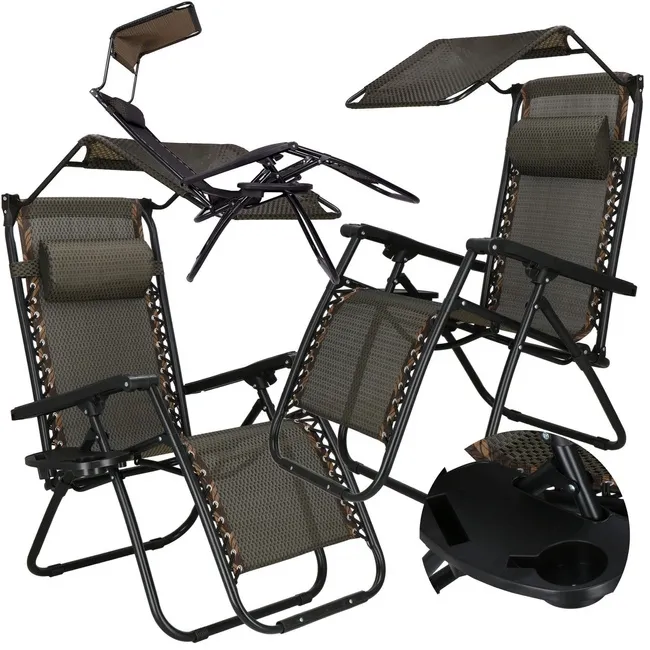 Leżaki ogrodowe grawitacyjne regulowane z daszkiem na plażę zestaw 2 szt.