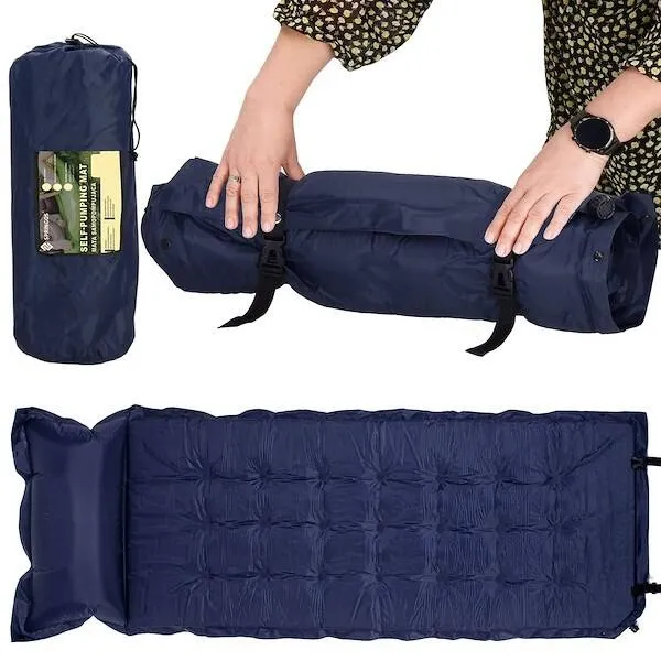 Mata samopompująca 193 cm z poduszką mata turystyczna biwakowa z pokrowcem granatowa
