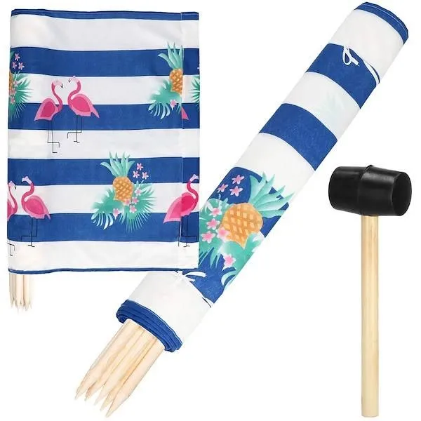 Parawan plażowy z gumowym młotkiem 6m mata plażowa w niebieskie pasy flamingi