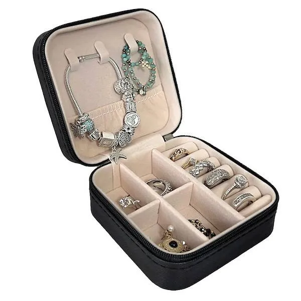 Szkatułka na biżuterię ekoskóra 10x10x5 cm czarny organizer z przegródkami