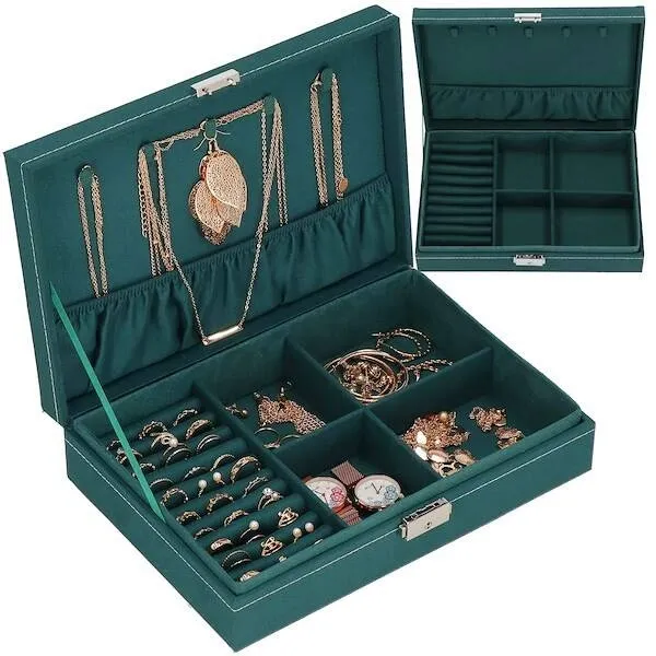 Szkatułka na biżuterię 28x19,5x7 cm zielony welurowy organizer z przegródkami