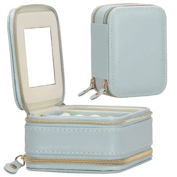 Szkatułka na biżuterię ekoskóra 11,5x8,5x5,5 cm błękitny organizer z przegródkami i lusterkiem