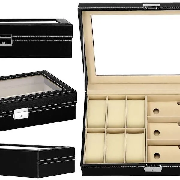 Szkatułka na zegarki 30x20x8cm czarno-kremowy, ekoskóra organizer z przegródkami i lusterkiem