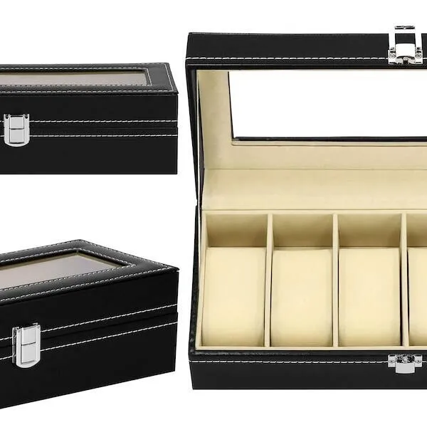 Szkatułka na zegarki 30x11x8 cm czarno-kremowy, ekoskóra organizer z przegródkami i okienkiem