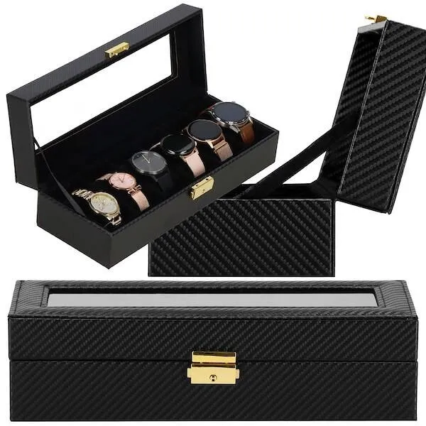 Szkatułka na zegarki 30x11x8 cm czarna ekoskóra organizer z 6 przegródkami