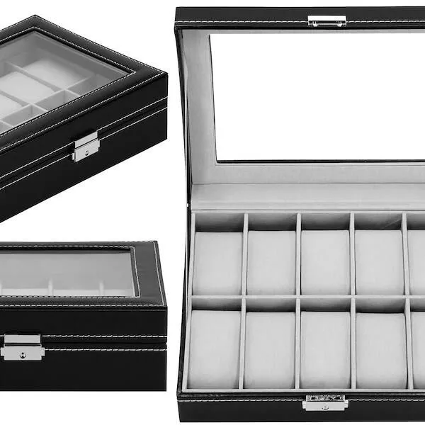 Szkatułka na zegarki 25x20x8 cm czarno-szary, ekoskóra organizer z przegródkami i okienkiem