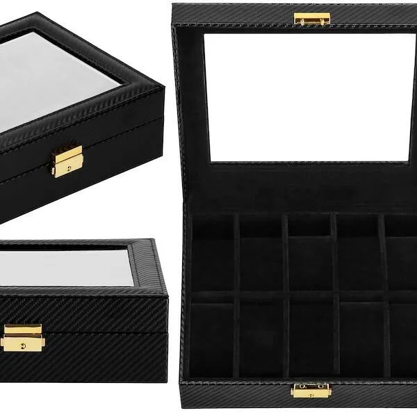Szkatułka na zegarki 25x20x8 cm czarna, ekoskóra organizer z 10 przegródkami