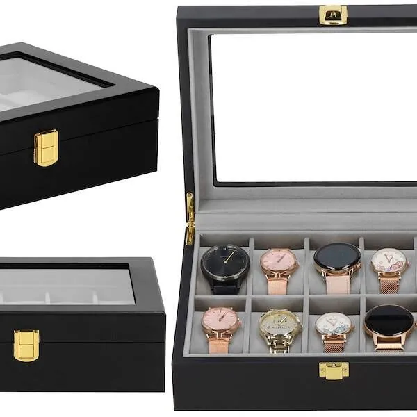 Szkatułka na zegarki 26,5x20x8 cm czarno-szary organizer z 10 przegródkami