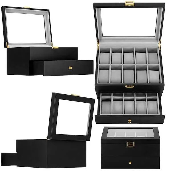 Szkatułka na zegarki 29x21,5x16 cm czarno-szary organizer z 20 przegródkami
