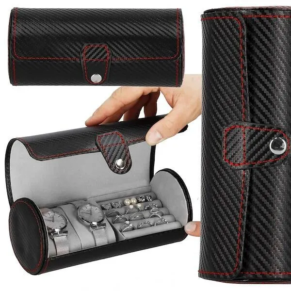 Szkatułka na zegarki czarna carbon organizer z 2 przegródkami