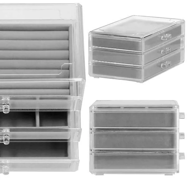 Szkatułka na biżuterię 23x14x11 cm szary welurowy organizer z przegródkami