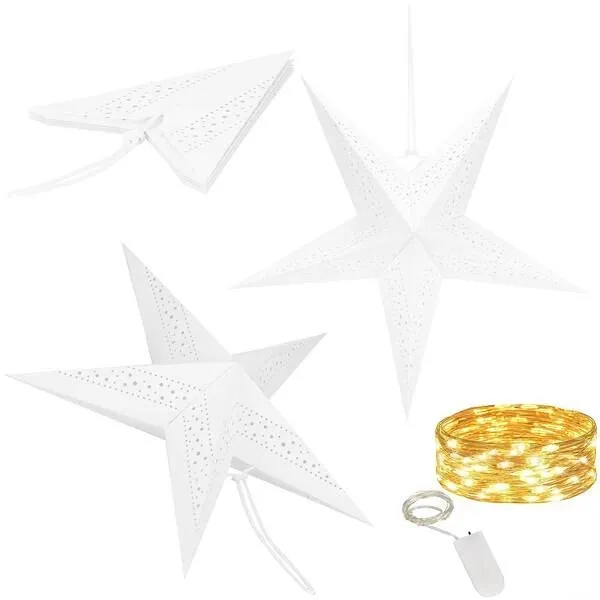 Gwiazda świąteczna papierowa biała i lampki choinkowe led ciepły biały