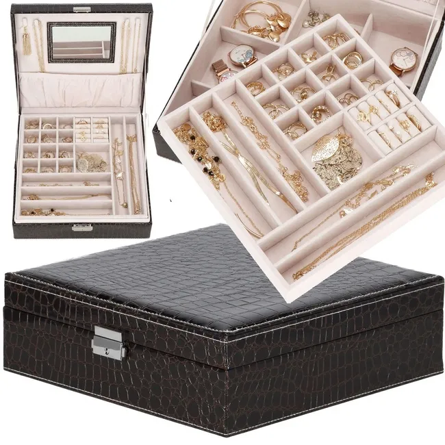 Szkatułka na biżuterię ekoskóra 26x26x8,5 cm ciemny brąz organizer z przegródkami