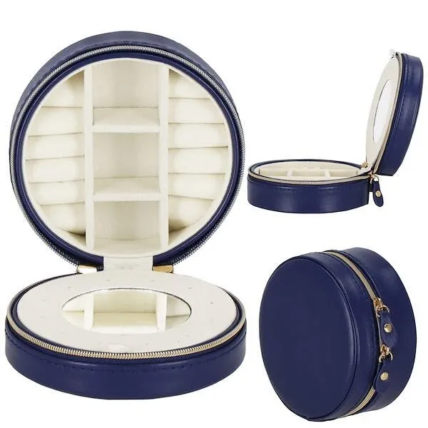 Szkatułka na biżuterię okrągła 11x5 cm jasnoróżowy organizer z przegródkami ekoskóra