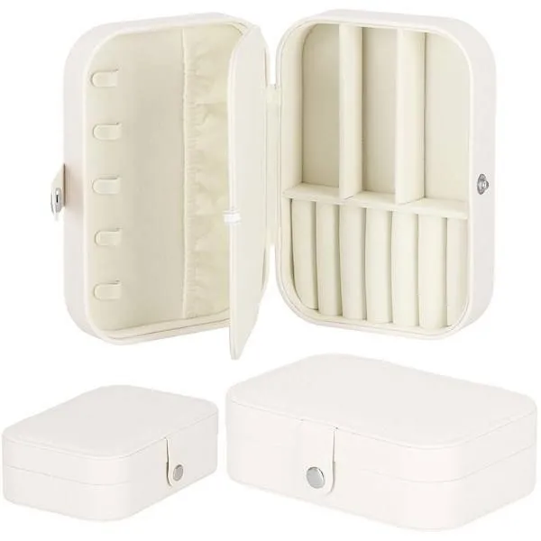 Szkatułka na biżuterię ekoskóra 16x11x5 cm kremowy z brokatem organizer z przegródkami