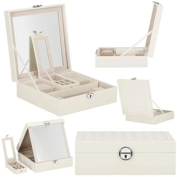 Szkatułka na biżuterię ekoskóra 25x25x8,5 cm kremowy organizer z przegródkami