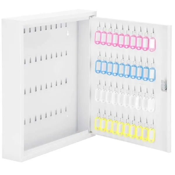 Skrzynka na klucze z 80 zawieszkami, metalowy sejf, kasetka biała