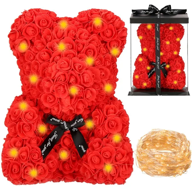 Miś z płatków róż czerwony 40 cm rose bear z lampkami led biały ciepły