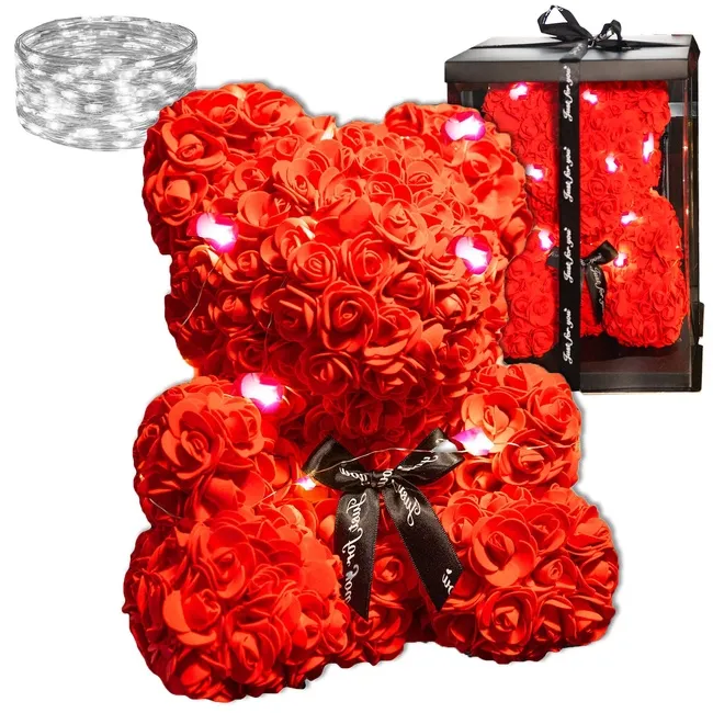 Miś z płatków róż czerwony 40 cm rose bear z lampkami LED zimny biały
