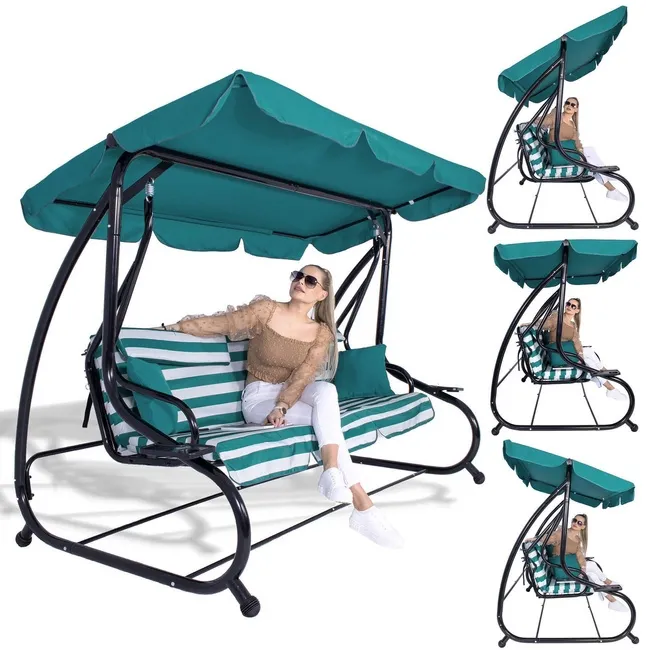 Huśtawka ogrodowa z daszkiem rozkładana w paski morski