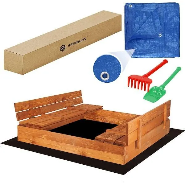 Piaskownica zamykana z ławkami 150x150 cm drewno impregnowane z plandeką i podłożem