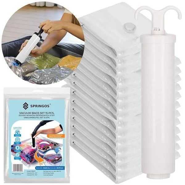 Worki próżnioe 15 szt. + pompka, pokrowce na ubrania 2 rozmiary