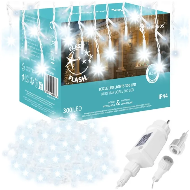 Kurtyna świetlna 300 led girlanda, lampki wewnętrzno-zewnętrzne 15,5 m sople biały zimny + flash