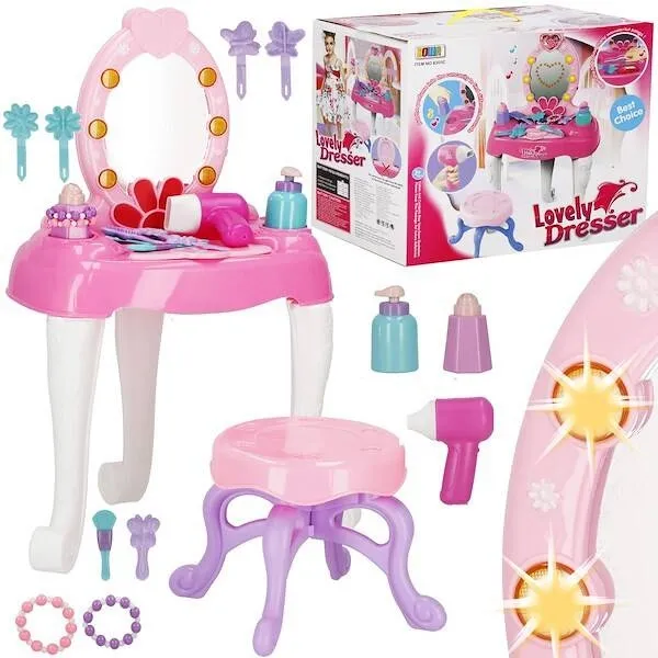 Toaletka dla dziewczynki, z lusterkiem, taboretem i akcesoriami różowa